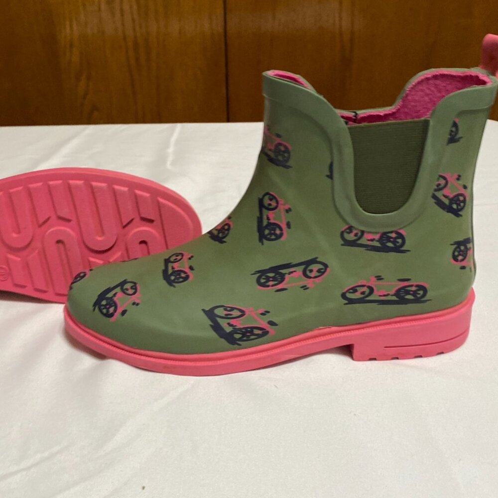 Anthropologie Bicycle Pattern Rain Boots 8 Green Boots - Picture 2 of 9